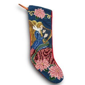 Vintage Heavenly Angel Harp Christmas Stocking Wool Needlepoint Velvet 22 Inch